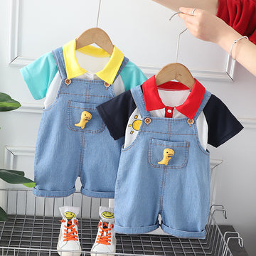 Cute Animal Print Polo Tees and Cotton Dungaree Set For Kids