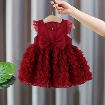 Sleeveless Bow & Flower Design Frock for Baby Girl