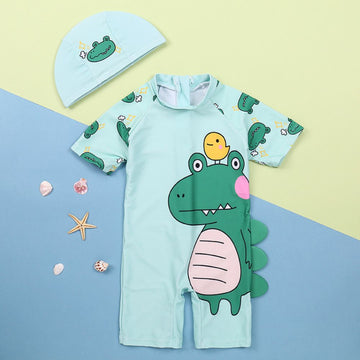 Summer Kids Cartoon Dinosaur Swimming Costume With Cap