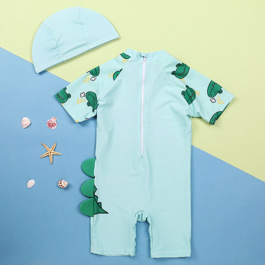 Summer Kids Cartoon Dinosaur Swimming Costume With Cap