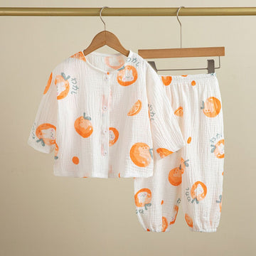 Orange Print Muslin Night Suit for Kids