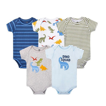 Dinosaur & Stripes Baby Cotton Bodysuits - Pack of 5
