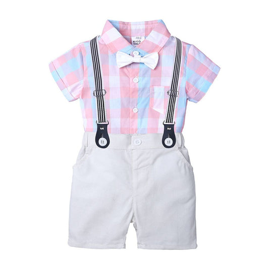 Bow Applique Check Print Onesie with Half Pants and Suspenders Set for Kids