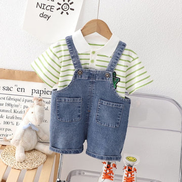 Super Soft Cotton Stripes Polo T-shirt And Denim Dungaree Set