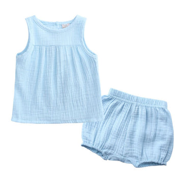 100% Muslin Cotton Plain Sleeveless Regular Top And Shorts Co-ord Set For Baby Girls
