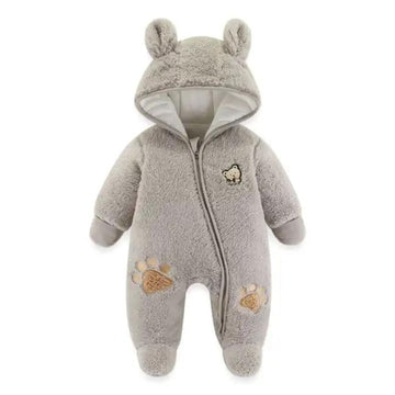 Single Zip Warm Fleece Hooded Romper Teddy Suit for Babies