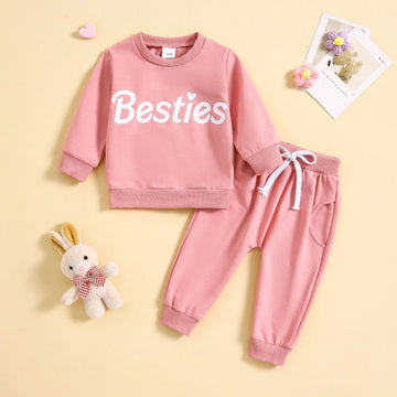Besties Print Full Sleeve Peach Tees Pant Co-ord Set For Kids