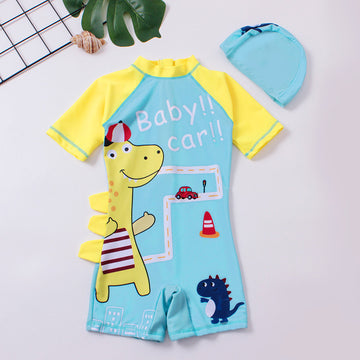Dinosaur Car Printed One Piece Swimsuit With Cap