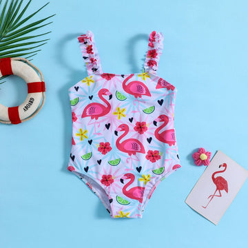 Girls Flamingo Print Ruffled Shoulder Swimming Costume