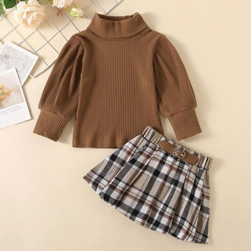 Ribbed Top & Belted Flannel Skirt Set