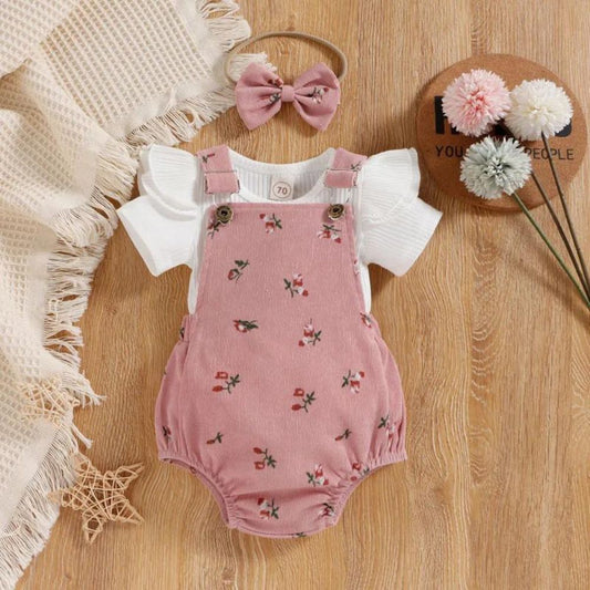 Short  Sleeve Top Corduroy Suspender Romper With Headband
