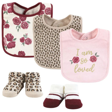 Leopard and Rose Print Bibs and Socks Set for Baby Girl