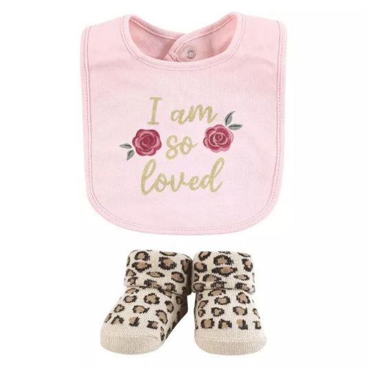 Leopard and Rose Print Bibs and Socks Set for Baby Girl