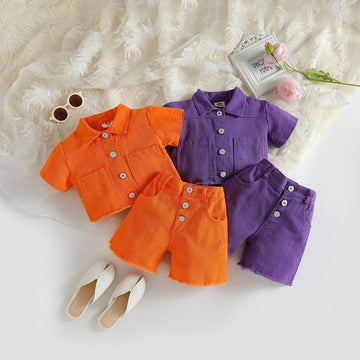 Baby Girl Stylish Short Denim Plain Shirt And Short Pant Set