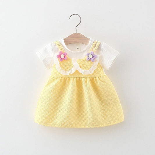 Half Tee Attached Flower Applique Cotton Frock