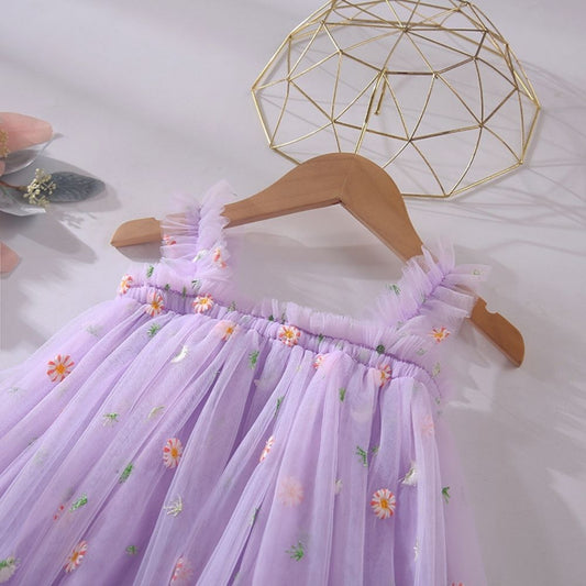Soft Tulle Cami Ruffled Embroidery Party Dress For Girls