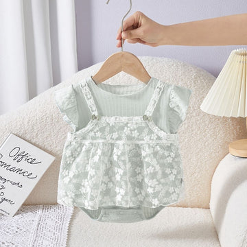 White Lace Overlay Light Green Baby Girl Romper