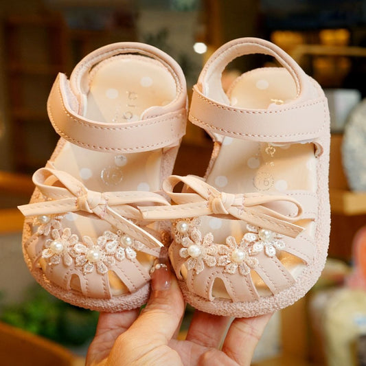 Korean Style Baby Girl Sandals with Bow & Pearl Floral Embellishments