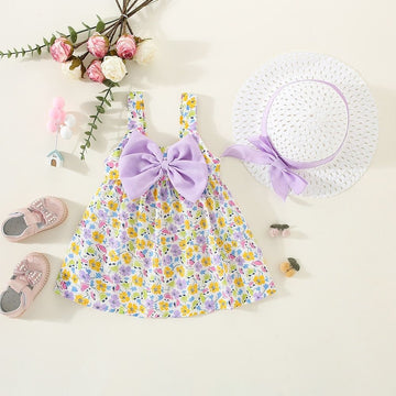 Floral Print Sleeveless Bow Embellished Frock