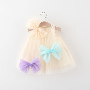 Double Layered Soft Net Party Dress For Baby Girl With Large Three Bow