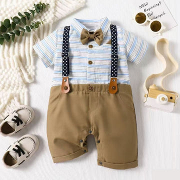 Suspender Design Bow Applique Half Romper for Boys