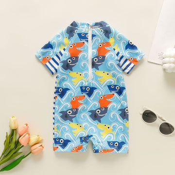 Shark Print with Short Sleeves & Zipper Swimsuit