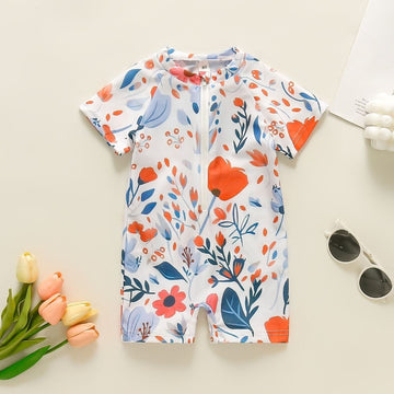 Floral Print Short Sleeve Zipper Swimsuit