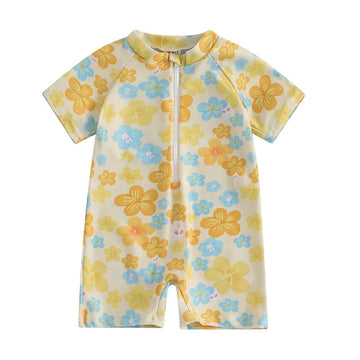 Flower Print Half Sleeve Zipper Swimwear for Girls