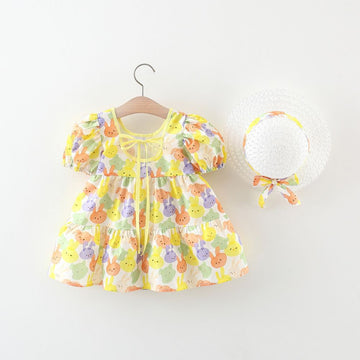 Cute Animal Faces Print Flared Cotton Fancy Baby Frock With Hat