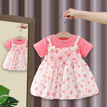 Soft Pink Tees With Attached Sleeveless Frock Heart Print For Girls