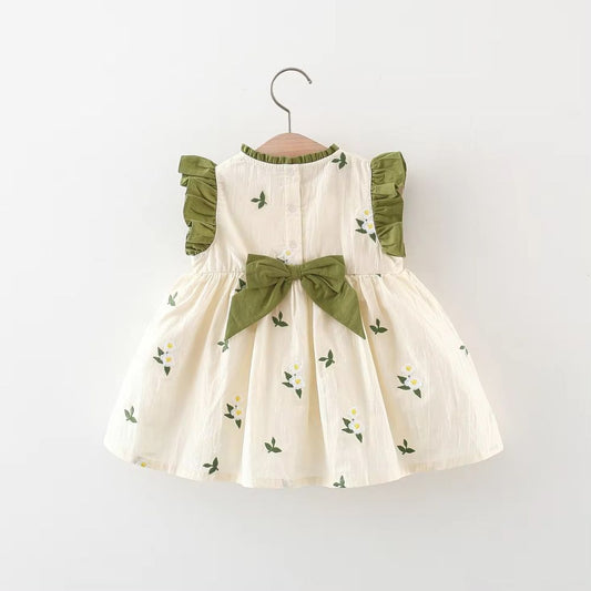 Girls Infants  Half Sleeves Floral Embroidery Ruffled Casual Frock