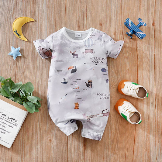 Country-Wise Map & Animal/Bird Print Romper
