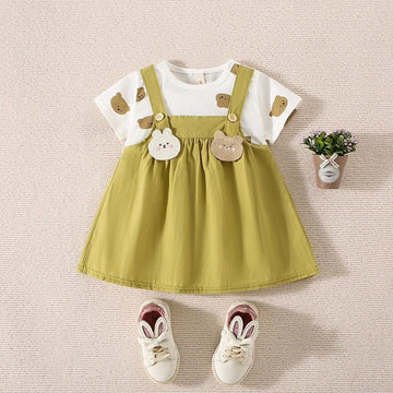 Bear Embellished Jumpsuit Style Frock For Baby Girl