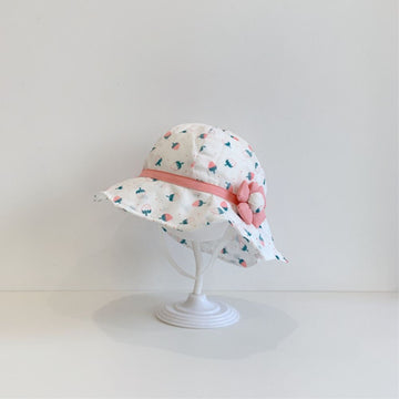 Baby Girls Stylish Strawberry Printed Hat With Flower Embellishment 2 To 5 Years