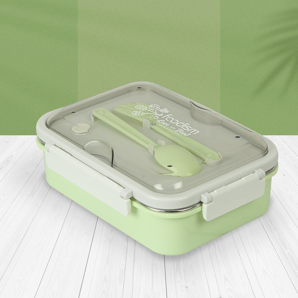1pc 1250ml Green & Yellow Lunch Box With Spoon, Soup Container