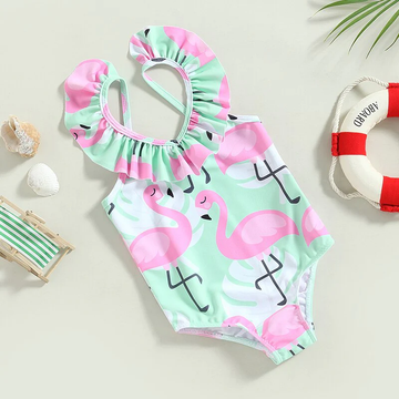 Girls Ruffled Neck Pink Flamingo One Piece Swimsuit