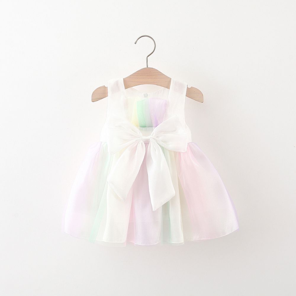 Bright Net Layered Large Bow Sleeveless  Party Frock Dress For Baby Girls