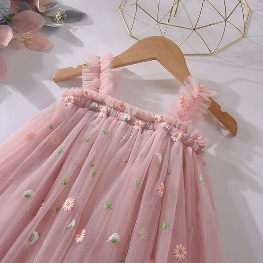Soft Tulle Cami Ruffled Embroidery Party Dress For Girls