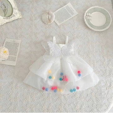 White Tiered Baby/Toddler Dress with Butterfly Appliqué & Colorful Pom-Poms