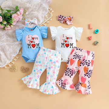 Fashion Baby Girl Onesie And Loose Fitting Heart Print Flared Pant With Headband