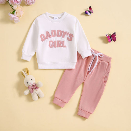 DADDY'S GIRL Printed Full Sleeve White Tees And Matching Pant Set
