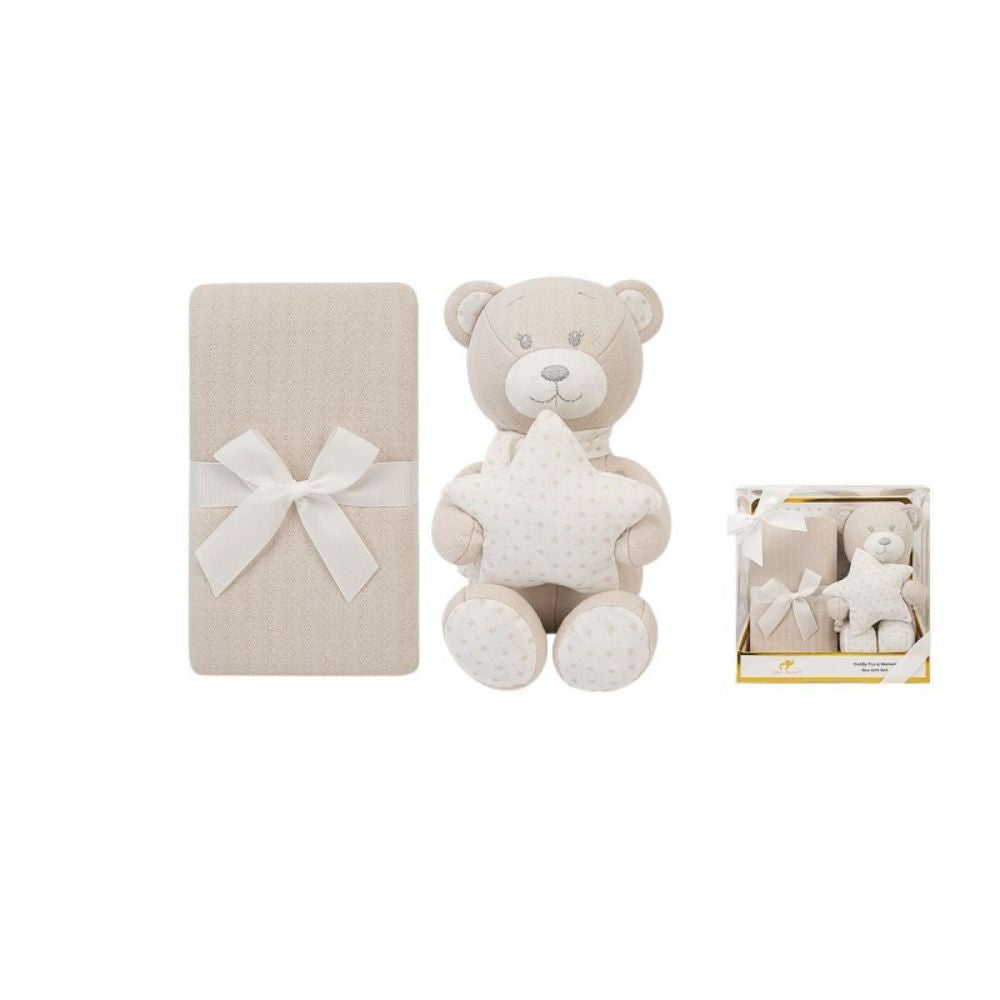 Teddy Bear Plush with Star Pillow & Matching Blanket