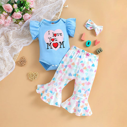 Fashion Baby Girl Onesie And Loose Fitting Heart Print Flared Pant With Headband