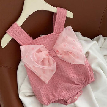 Pink Baby Girl Bubble Romper with Bow & Ruffles