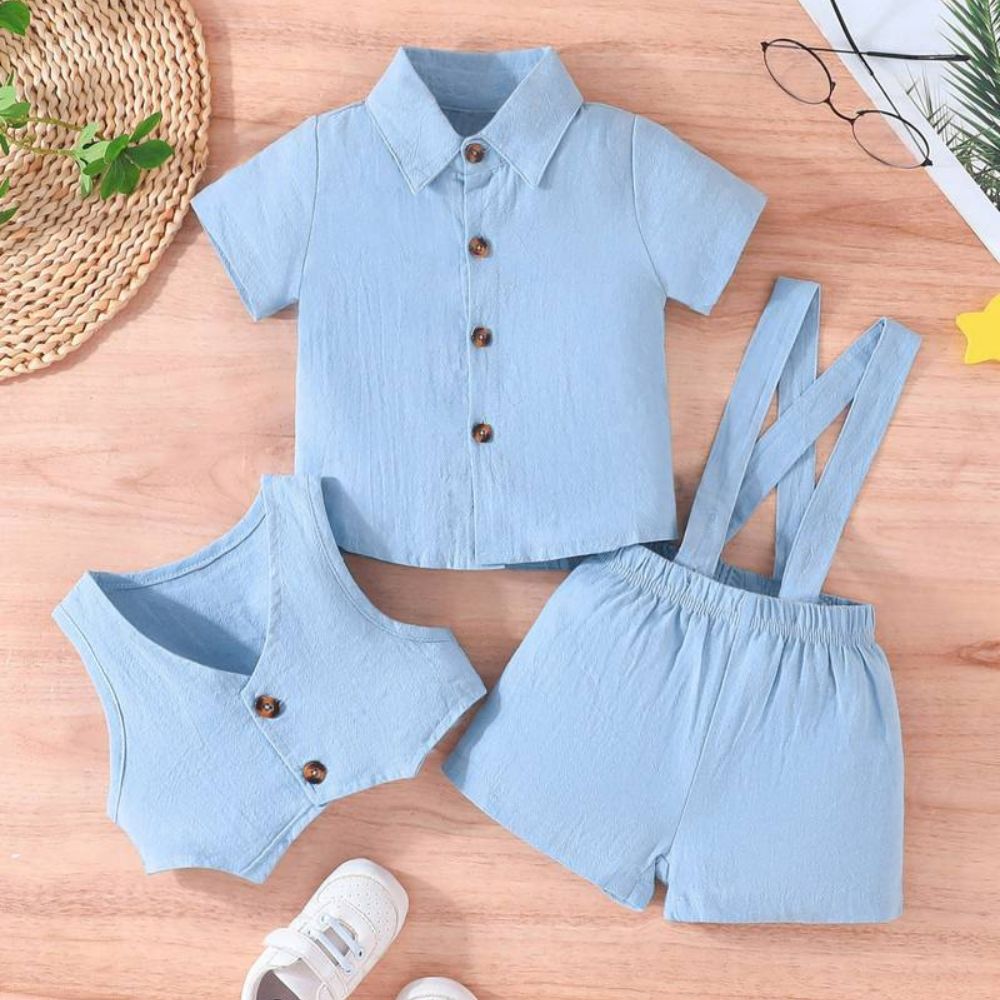 3 Piece Soft Muslin  With Suspender Shorts And Waist Coat Set For Kids