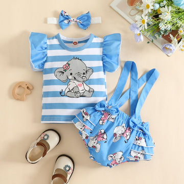 Ruffled Suspender Dress Set For Baby Girl With Sleeveless Baby Elephant Print Tees And Headband