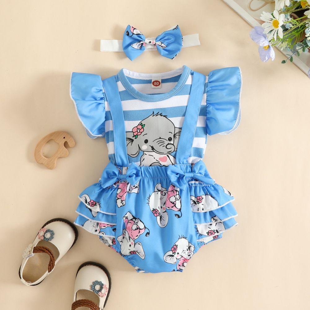 Ruffled Suspender Dress Set For Baby Girl With Sleeveless Baby Elephant Print Tees And Headband