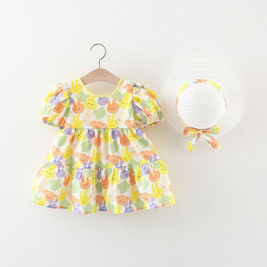 Cute Animal Faces Print Flared  Cotton  Fancy Baby Frock With Hat
