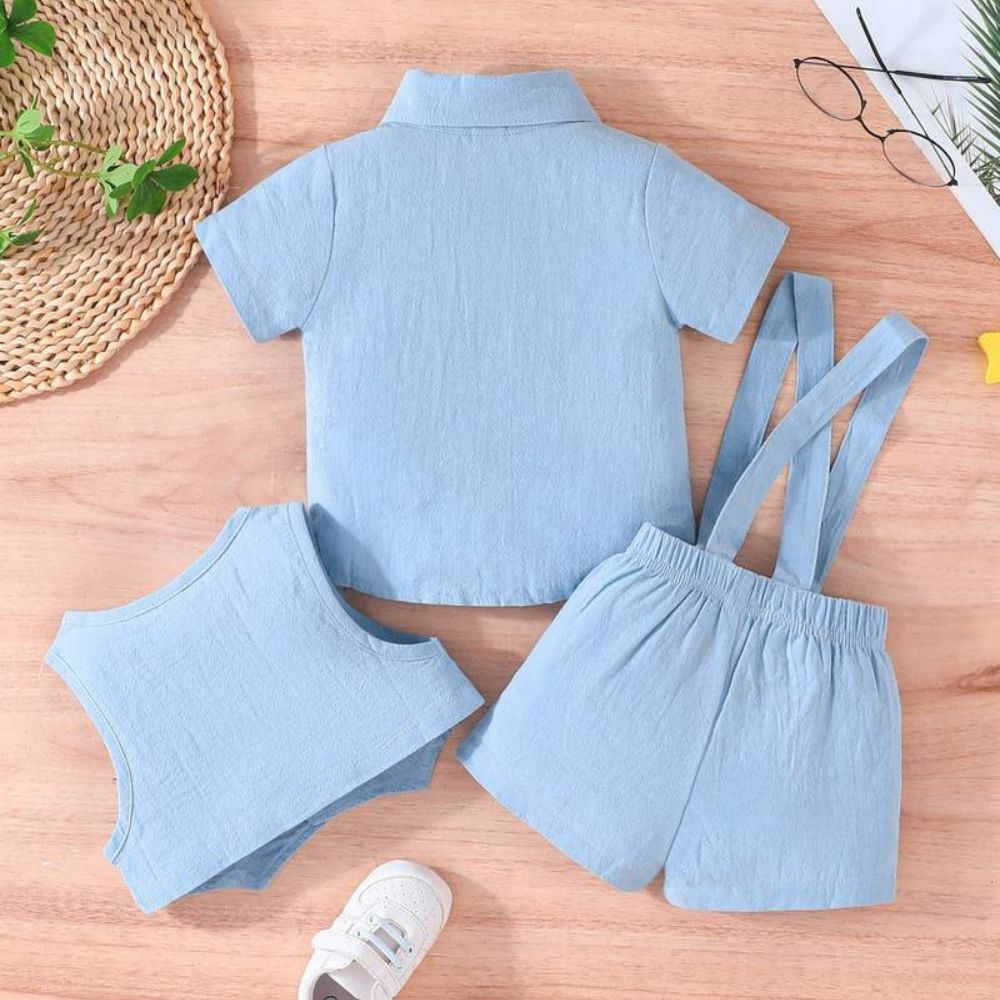 3 Piece Soft Muslin  With Suspender Shorts And Waist Coat Set For Kids