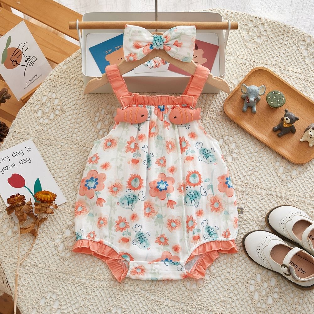 Sleeveless Printed Body Suit With HairBand For Baby Girl